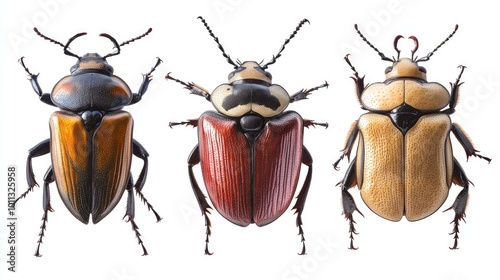 A scientific collection of 3 beetles with detailed body structures, isolated on a white background, presented photo