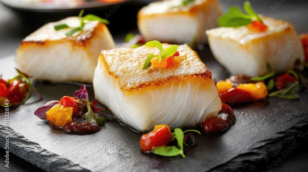 A stunning close-up of premium square cuts of fish displayed on a slate platter, with vibrant garnishes and sauces surrounding them, capturing the luxury and freshness of gourmet seafood. A stunning close-up of premium square cuts of fish displayed on a slate platter, with vibrant garnishes and sauces surrounding them, capturing the luxury and freshness of gourmet seafood.