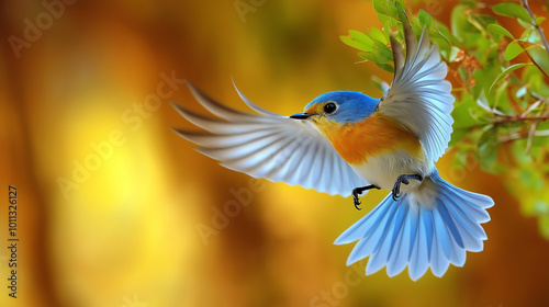 Close-up of a vibrant blue and orange bird in mid-flight with open wings against a blurred autumn background, perfect for wildlife and nature photography.