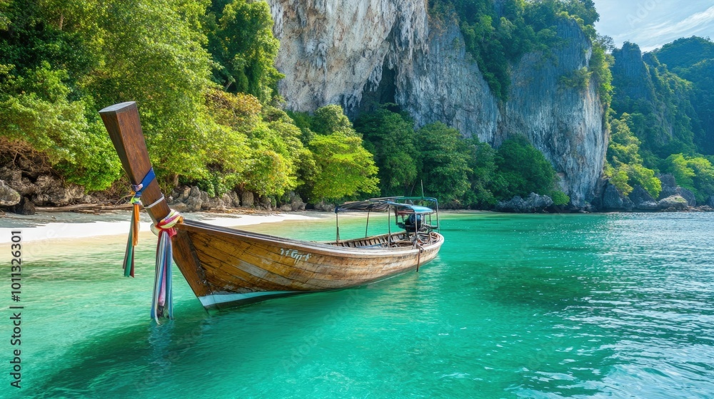A traditional long-tail boat anchored near a tropical beach with turquoise water, surrounded by lush greenery and limestone cliffs. A traditional long-tail boat anchored near a tropical beach with turquoise water, surrounded by lush greenery and limestone cliffs.