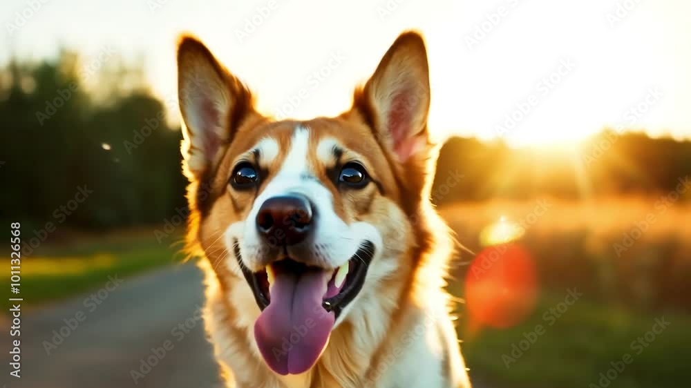 Happy dog with brown and white fur peeks out of a car window, tongue lolling out with a joyful expression, as the golden rays of the setting sun bathe the scene in warm light. Happy dog with brown and white fur peeks out of a car window, tongue lolling out with a joyful expression, as the golden rays of the setting sun bathe the scene in warm light.