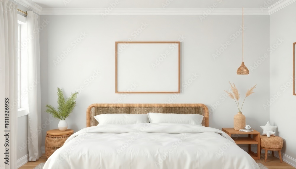 Fototapeta premium Serene 3D-Rendered Bedroom: A tranquil space featuring sleek modern furnishings, soft lighting, and harmonious color tones, creating a perfect balance of comfort and style.