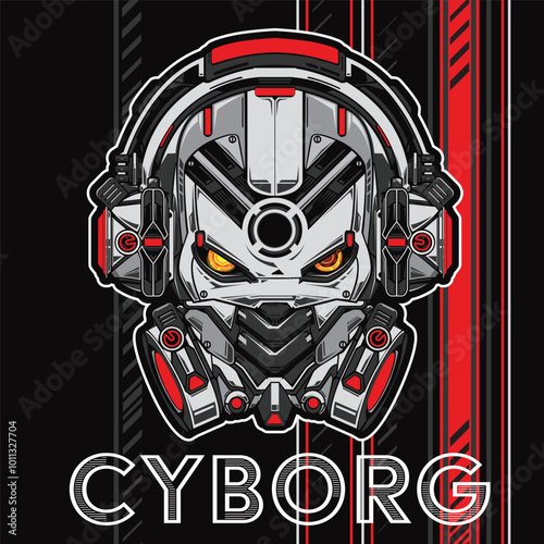Cyborg warrior vector illustration, character, print