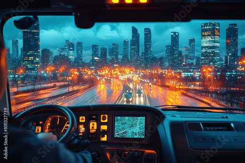  Nighttime cityscape seen from truck’s cockpit as driver navigates rain-soaked roads, illuminated by glowing skyscrapers and city lights ahead. photo