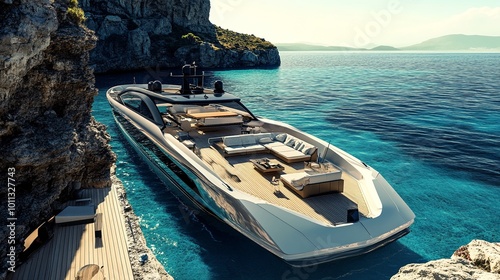 A magnificent yacht anchored by a private island, with a sleek white hull glistening under the sun photo