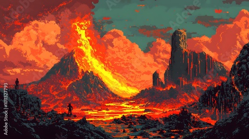 Pixelated Volcanic World with Flowing Lava Rivers and Ash-Filled Skies photo