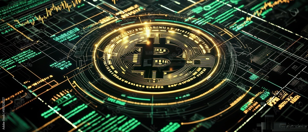 custom made wallpaper toronto digitalClose-up view of a Bitcoin symbol surrounded by data lines, representing cryptocurrency and digital finance advancements on a dark background.