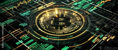 Wallpaper Mural Close-up view of a Bitcoin symbol surrounded by data lines, representing cryptocurrency and digital finance advancements on a dark background. Torontodigital.ca