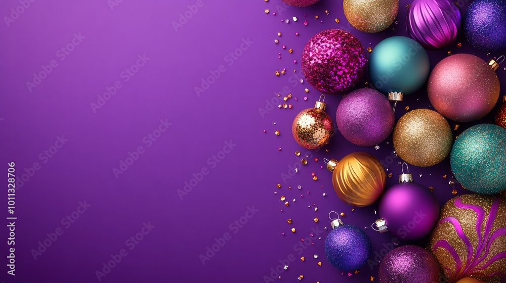 It's almost Christmas and New Year's Day! Christmas balls and ornaments in vibrant colors against a purple backdrop It's almost Christmas and New Year's Day! Christmas balls and ornaments in vibrant colors against a purple backdrop