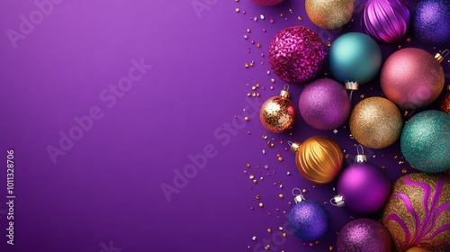 It's almost Christmas and New Year's Day! Christmas balls and ornaments in vibrant colors against a purple backdrop