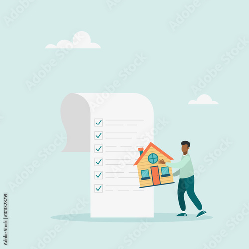 Character holding house with checklist papers. home and property planning. Vector illustration.
