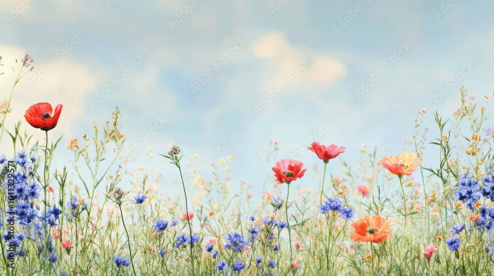 Obraz premium Floral background with wild flowers and copy space on white background.