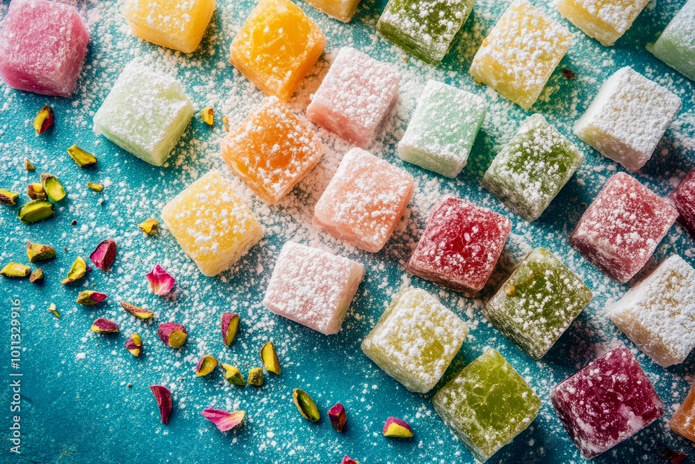 Colorful Turkish Delight cubes dusted with powdered sugar and garnished with pistachios and rose petals. Colorful Turkish Delight cubes dusted with powdered sugar and garnished with pistachios and rose petals.