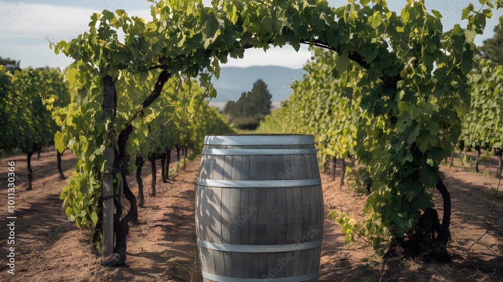 Vineyard Oasis: Wooden Barrel as Tourist Attraction Amidst Lush Vines Vineyard Oasis: Wooden Barrel as Tourist Attraction Amidst Lush Vines