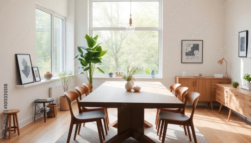 Elegant dining area set for a meal, showcasing a welcoming ambiance with a cozy kitchen visible in the background. 