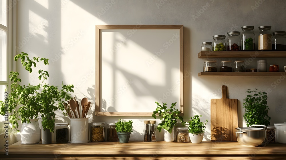 Fototapeta premium A bright and airy interior with a wooden shelf displaying kitchen utensils and potted herbs, enhanced by soft natural light casting shadows on the wall in a minimalist Scandinavian style.