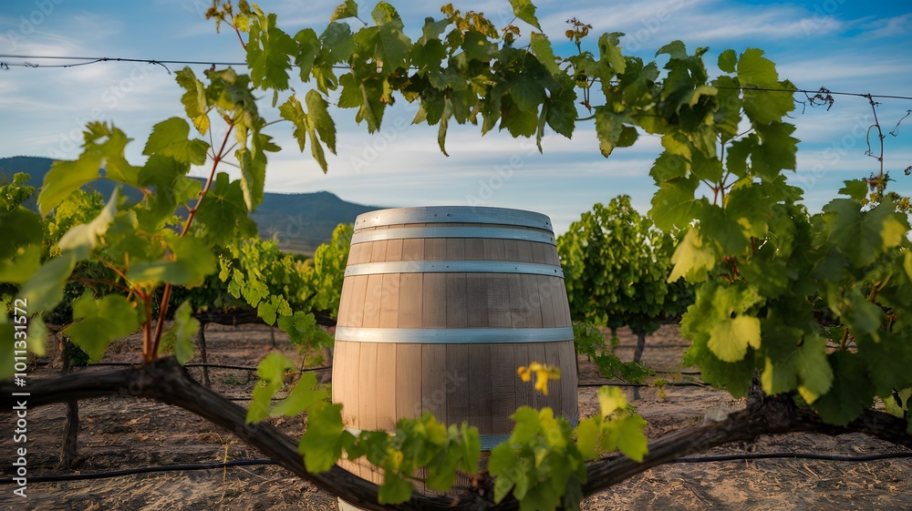 Vineyard Oasis: Wooden Barrel as Tourist Attraction Amidst Lush Vines Vineyard Oasis: Wooden Barrel as Tourist Attraction Amidst Lush Vines