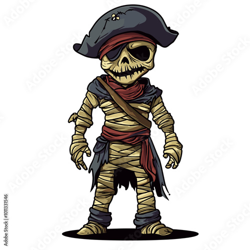 vector drawing of a mummy in a pirate costume on a white background .Generative AI