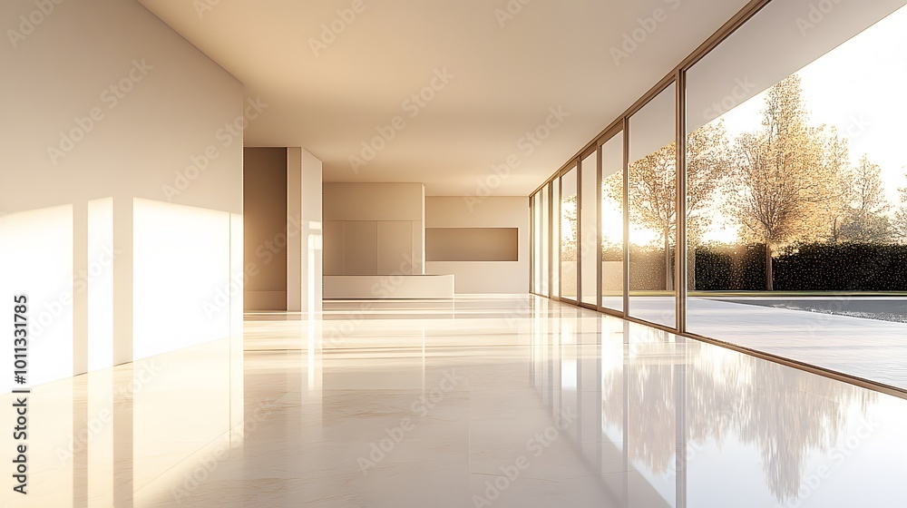 Fototapeta premium A bright modern interior showcasing minimalist architecture with sunlit hallways and floor-to-ceiling windows, reflecting natural light in a clean, spacious environment.