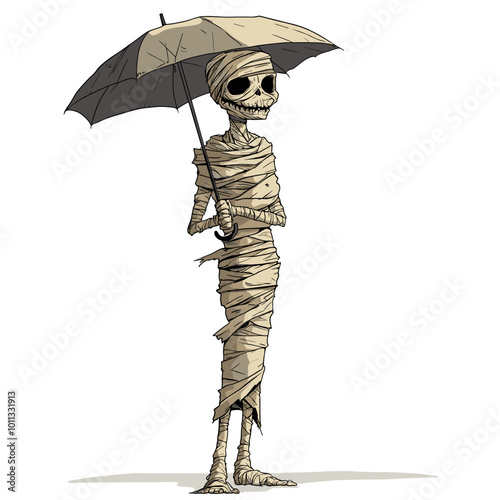 vector drawing mummy stands with umbrella on white background .Generative AI