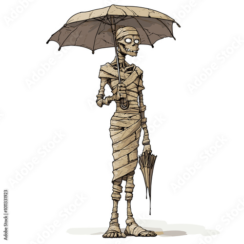 vector drawing mummy stands with umbrella on white background .Generative AI