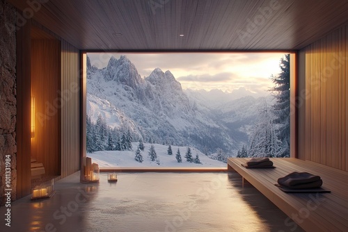 Winter Sauna with Snowy Mountain Landscape photo