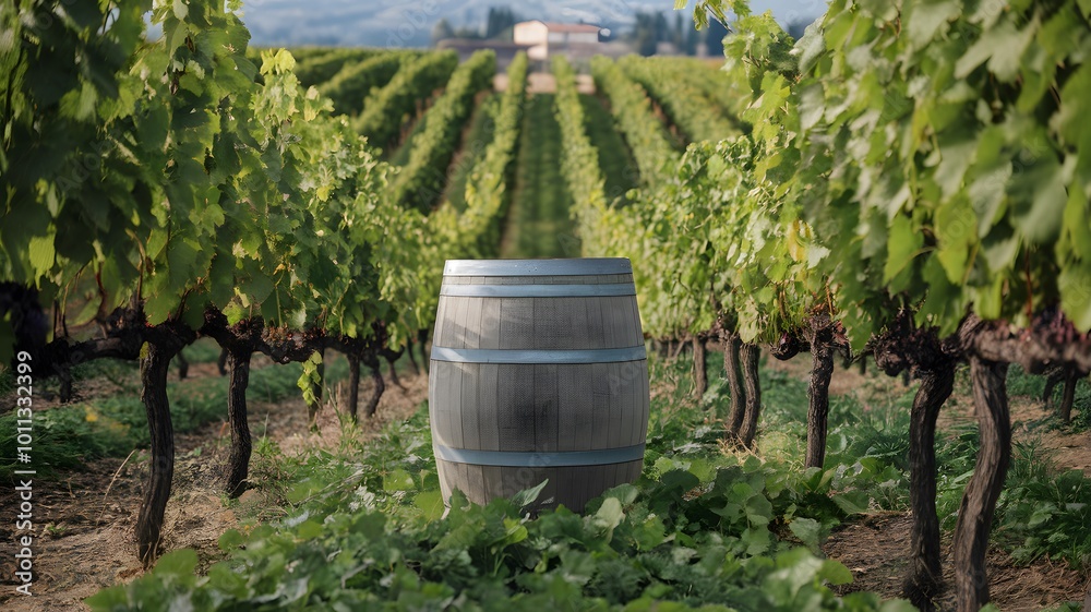 Vineyard Oasis: Wooden Barrel as Tourist Attraction Amidst Lush Vines Vineyard Oasis: Wooden Barrel as Tourist Attraction Amidst Lush Vines