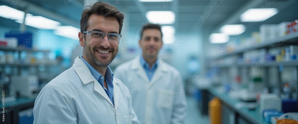 Smiling Scientists Confidently Working in Modern Laboratory Smiling Scientists Confidently Working in Modern Laboratory