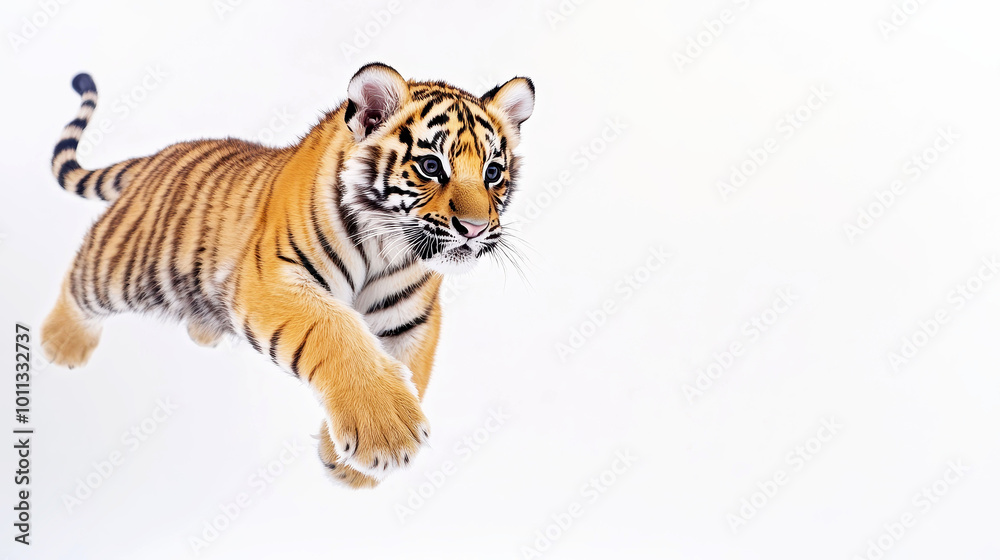 Obraz premium Adorable tiger cub playfully floating across a pristine white background, capturing the essence of freedom and innocence in nature's beauty.