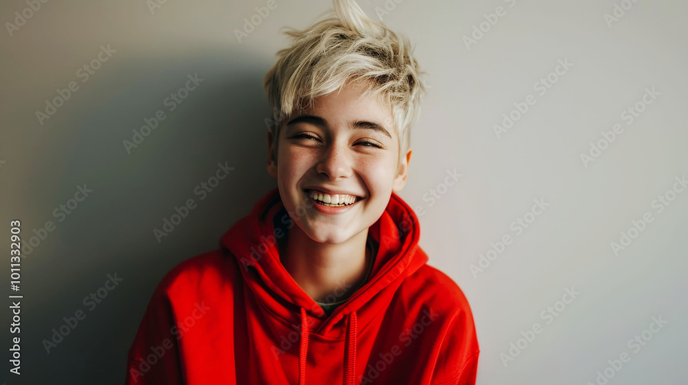 Casual Canadian teenager with trendy short blonde hair wearing a red hoodie Casual Canadian teenager with trendy short blonde hair wearing a red hoodie