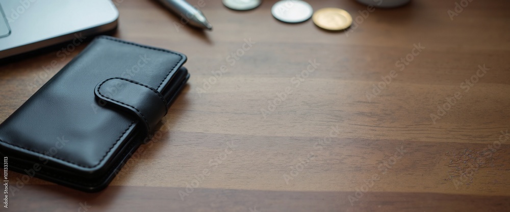 Black leather wallet on wooden desk with office supplies and coins with copy space Black leather wallet on wooden desk with office supplies and coins with copy space