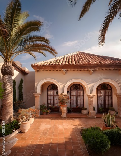 The villa showcases arched windows and a traditional terracotta roof, with warm earth tones and elegant architectural details that reflect Mediterranean charm and luxury. The arched windows and tiled 