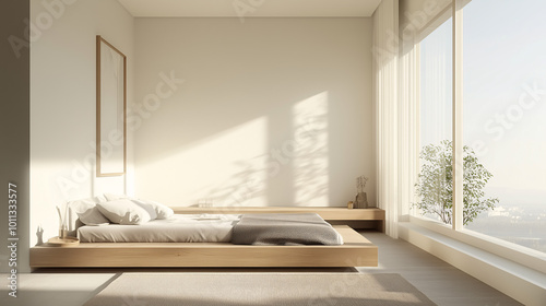 Minimalist bedroom with light wooden floating nightstands, a simple bed with a textured throw, and large, airy windows letting in natural light. The nightstands are free from clutter photo