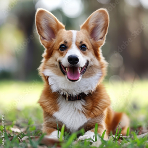 Adorable Pembroke Welsh Corgi dog lying on grass with a happy expression in a bright outdoor setting