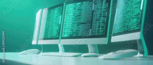 Three modern desktop computers displaying digital code on screens with a futuristic teal background, arranged neatly on a white table.