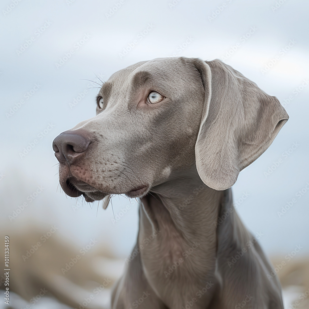 Portrait of a Weimaraner dog with a sleek gray coat and striking blue eyes looking into the distance against a soft blurred background.