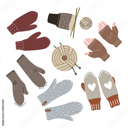 Hand drawn simple set of cute flat mittens.