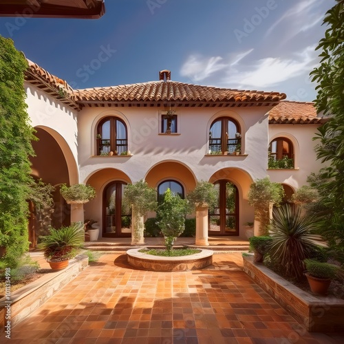 The villa showcases arched windows and a traditional terracotta roof, with warm earth tones and elegant architectural details that reflect Mediterranean charm and luxury. The arched windows and tiled 