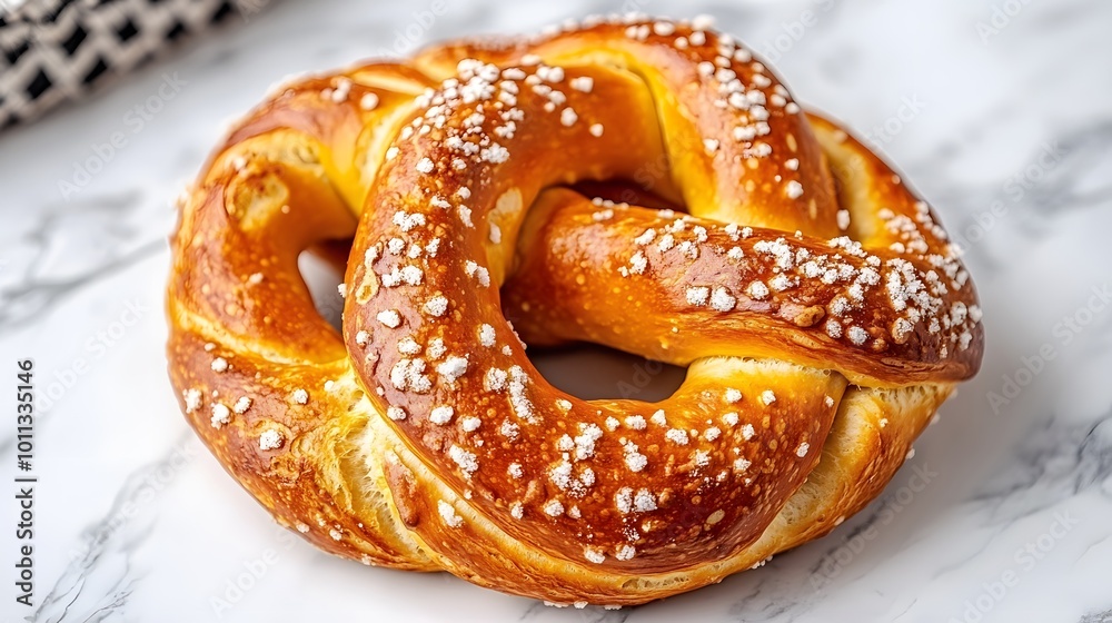 A freshly baked golden brown pretzel with a crispy exterior and soft interior, presented on a white marble background, highlighting its artisanal quality and appetizing appearance. A freshly baked golden brown pretzel with a crispy exterior and soft interior, presented on a white marble background, highlighting its artisanal quality and appetizing appearance.