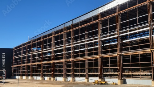 Industrial restoration with metal framework and glass facade, showcasing exposed scaffolding and modern glass panels. Perfect for themes of construction, architectural progress, and building redevelop photo