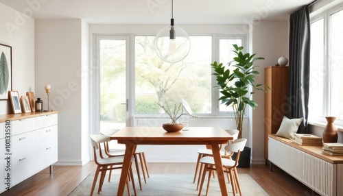 Elegant dining area bathed in natural light, showcasing sleek furniture and minimalist decor in a harmonious blend of warm hues and textures.