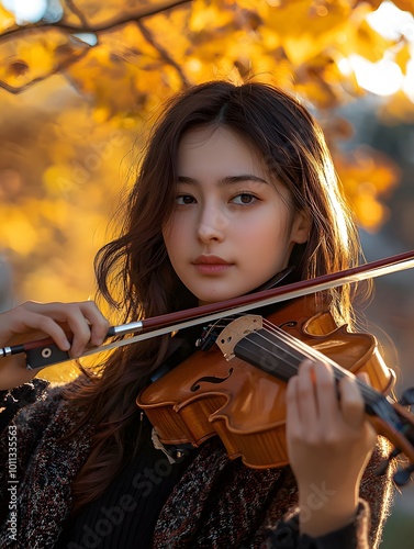 Portrait of a Young Violinist Performing Outdoors photo