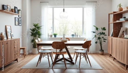 Serene Dining Space with Contemporary Flair: Sunlit room features sleek furniture, minimalist decor, and soft neutral tones, creating a warm and inviting ambiance perfect for gatherings.