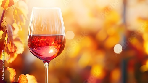 A glass of red wine against a backdrop of autumn vineyards, with vibrant fall foliage illuminated by warm golden hour light, creating a cozy wine tasting atmosphere.