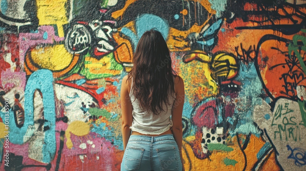 Fototapeta premium A young woman standing in front of a graffiti wall, contemplating its vibrant messages.