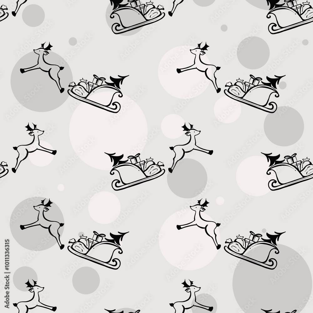seamless pattern with deer and gifts, Christmas Deer and sleigh with gifts seamless pattern with deer and gifts, Christmas Deer and sleigh with gifts