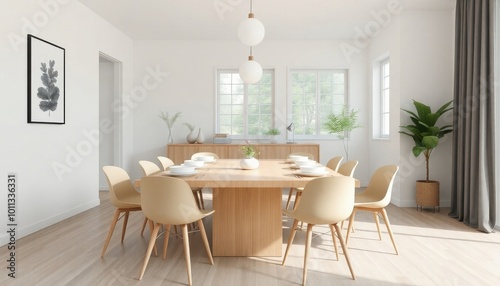 Elegant dining room featuring a long wooden table surrounded by sleek chairs, illuminated by soft ambient lighting for a warm and inviting atmosphere.