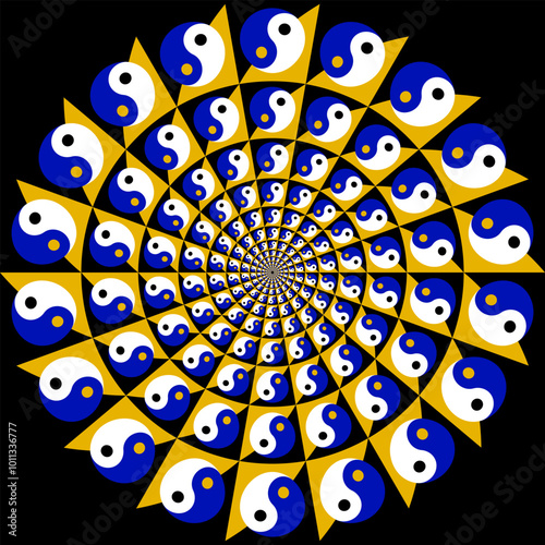 Optical illusion of moving circle with colored Yin-Yang symbols. Circular pattern for exciting background design.