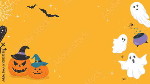 Horizontal Banner With Characters For Halloween. Drawing of Ghosts, Pumpkins, Spiderwebs and other Spooky Decorations. Background With space for text. Vector