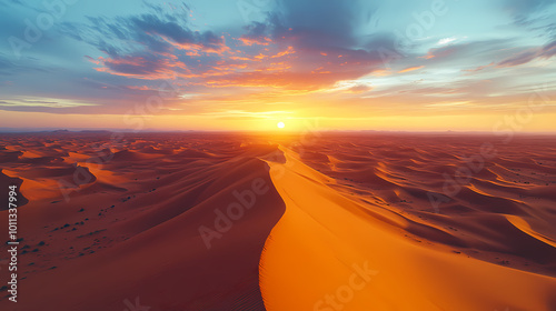 An aerial view of the Sahara desert at sunset. A panorama of desert landscape.